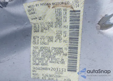 2015 Nissan Murano Platinum from USA, damaged, VIN 5N1AZ2MH8FN203151